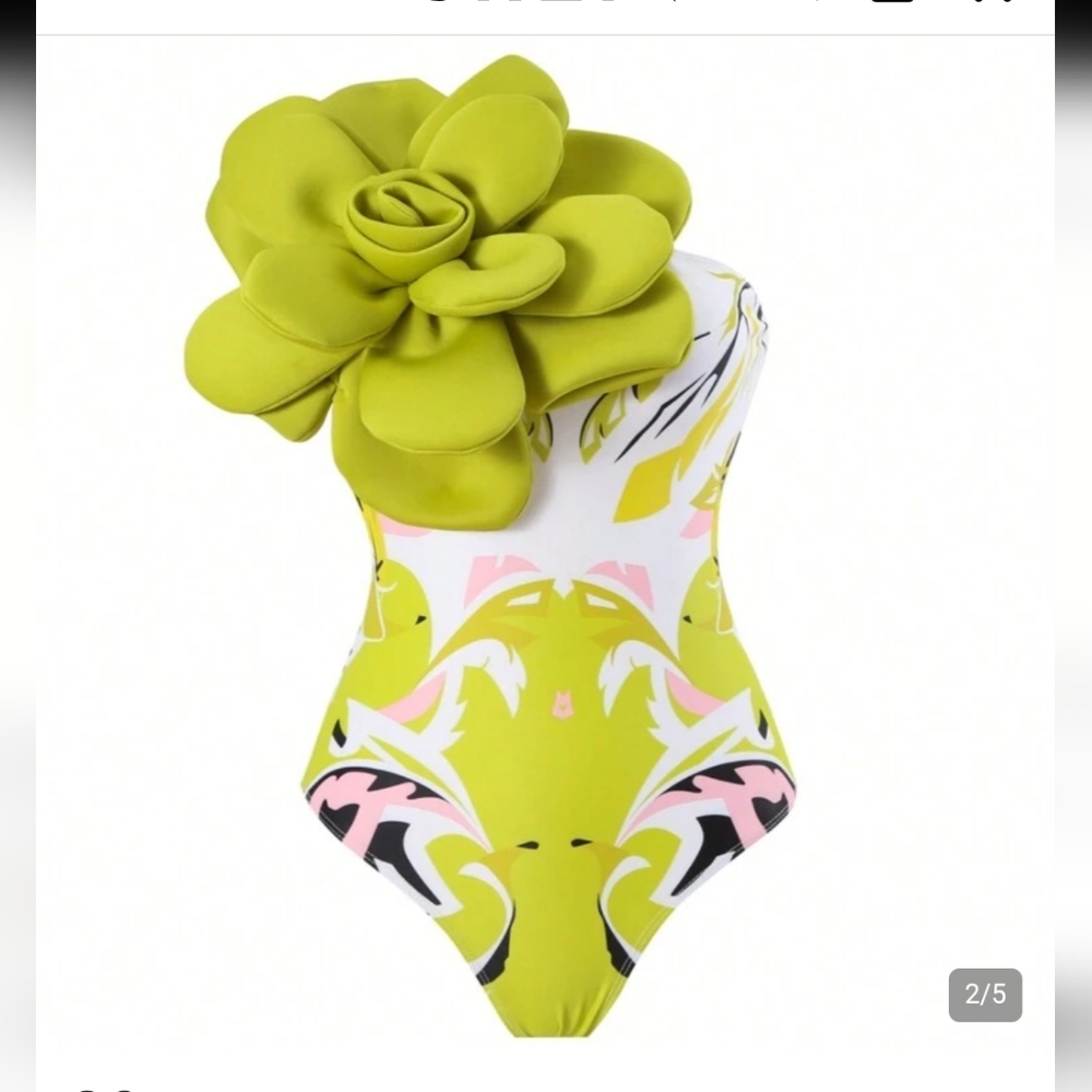 NWOT SHEIN Lime Green One Shoulder One Piece Swimsuit and Skirt Set + B&W Suit - Picture 2 of 9